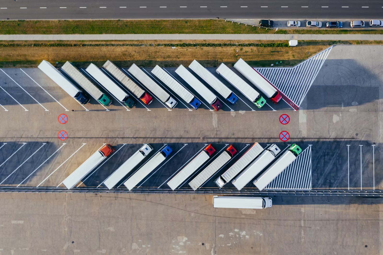Trucks at a logistics warehouse